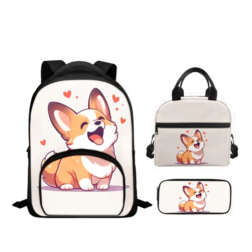 Bivxisrvo Corgi Print Backpack Lunchbox Combo for Girsl Large Capacity Waterproof Lunch Box for Girls tote Bag and Mini Pencil Case for Office Work Travel Business Outdoor