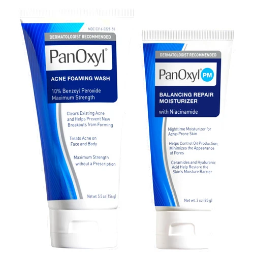 PanOxyl Bundle of PanOxyl Acne Foaming Wash Benzoyl Peroxide 10% Maximum Strength Antimicrobial, 5.5 Oz + PanOxyl PM Balancing Repair Moisturizer with Niacinamide, Ceramides and Cica, 3 oz