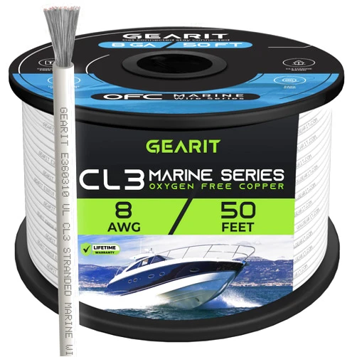 GEARit 8 Gauge Marine Wire (50ft) 8 AWG Primary Wire Cable, Tinned Oxygen-Free Copper OFC - Boat/Marine/Automotive/RV/Camper/Trailer/Solar/Outdoor - White 50 Feet