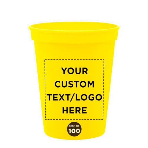 DISCOUNT PROMOS Custom Plastic Stadium Cups 16 oz. Set of 100, Personalized Bulk Pack - Perfect for Birthdays, Weddings, Picnic, Beach, Parties - Yellow