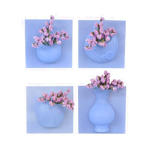LYVESTYDZ Magic Silicone Vase Blue Wall Decor Flower Wall-Mounted Rubber Reusable Removable Detachable Office Potted Window Floral Living Room Bathroom Kitchen Home (4 Styles/ Set)