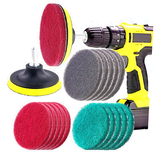 Swpeet 16Pcs 4Inch 3 Different Color Scrubbing Pads Drill Powered Brush Tile Scrubber Scouring Pads Cleaning Kit, Abrasive Buffing Pads Replacement with 1 Pcs Hook Attachment for House Cleaning