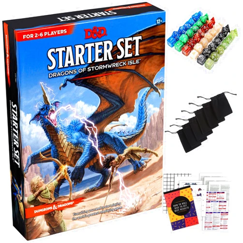 Dungeons & Dragons Dungeons and Dragons Starter Set - 6th Edition, Dragons of Stormwreck Isle - Extra 6 Dice Sets, Flannel Bags, Master Screen, New Heroes - D&D Board Game Includes Printable Materials