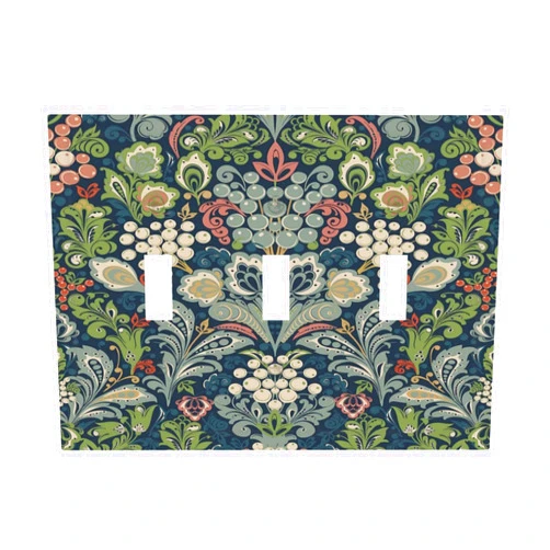 Spshian William Morris Floral Boho Midnight Blue Bohemian Flower 3 Gang Light Switch Cover Decorative Triple Toggle Wall Plate 3 Hole Electrical Device Switchplate Faceplate for Country Bathroom Decor