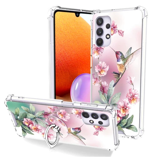 OOK Clear Case Compatible with Samsung Galaxy A32 5G, Pink Hummingbird Pattern Flexible TPU Shockproof Anti-Scratch Bumper Transparent Cover for Galaxy A32 5G with Ring Kickstand