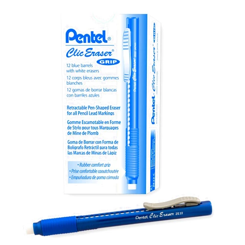 Pentel Clic Eraser Grip, Retractable Eraser, Blue Barrel, Box of 12 (ZE22C)