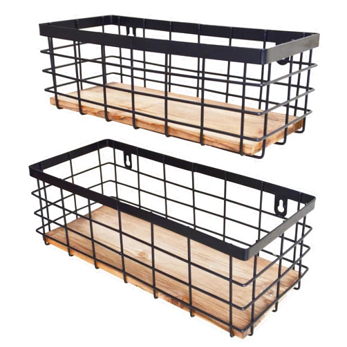 ShabbyDecor Metal Wire Basket Detachable Wood Base Storage Organizer Farmhouse Small Bins for Kitchen Cabinets, Bathroom, Pantry, Laundry Room, Closets Set of 2,Black Color