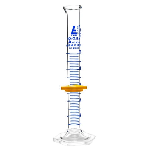 EISCO Graduated Cylinder, 10mL - ASTM, Class A Tolerance ±0.10mL - Protective Collar, Hexagonal Base - Blue Graduations - Borosilicate 3.3 Glass