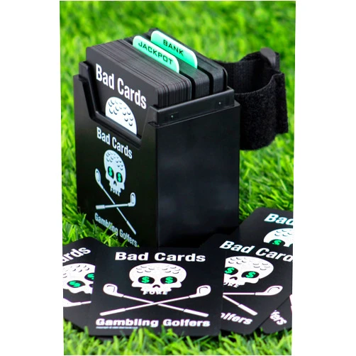 BAD CARDS FORE GOOD GOLFERS Bad Cards Fore Gambling Golfers (Weatherproof Edition) - On-Course Golf Betting Game, PVC Cards in Durable Plastic Box, Straps to Golf Cart, Fun & Unique Golf Gambling Game for Any Round
