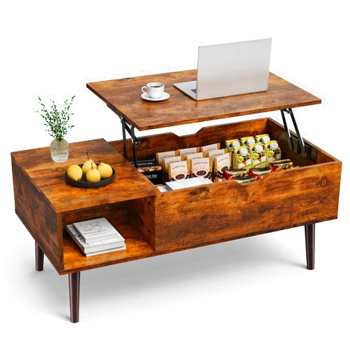 Sweetcrispy Coffee Table, Lift Top Coffee Tables for Living Room, Small Rising Wooden Dining Center Tables with Storage Shelf and Hidden Compartment, Brown
