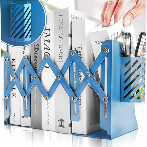 Carooyac Heavy Duty Book Ends to Hold Books with Pen Holder, Carooyac Adjustable Bookends, Metal Book Ends for Shelves, Blue Book Holders Binder Organizer for Bookshelf Desk - Extends up to 19