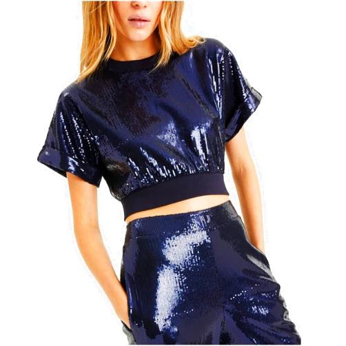 CufflinksInc CULPOS X INC Womens Navy Sequined Short Sleeve Party Top Size: S