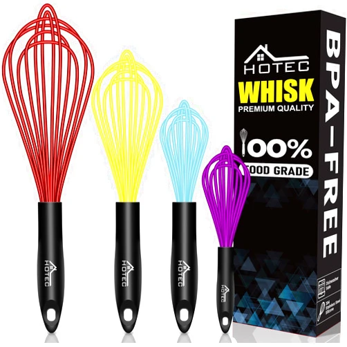 HOTEC 4 Pieces Silicone Whisks Set, Wire Balloon Whisks Egg Beater, Non-slip Handle Whisk for Non-stick Cookware Perfect for Cooking, Stirring, Beating and Blending (Multicolor)