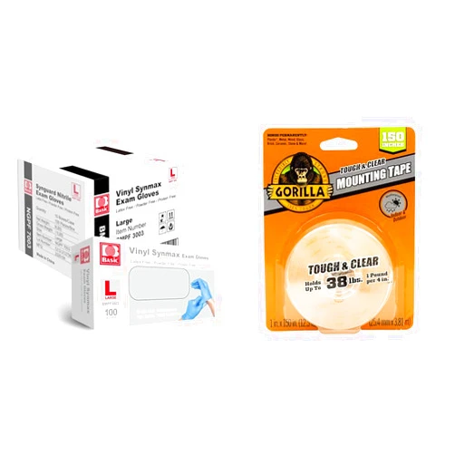 Basic Synmax Vinyl Exam Gloves (Case of 1000) & Gorilla Tough & Clear Double Sided Mounting Tape, 1