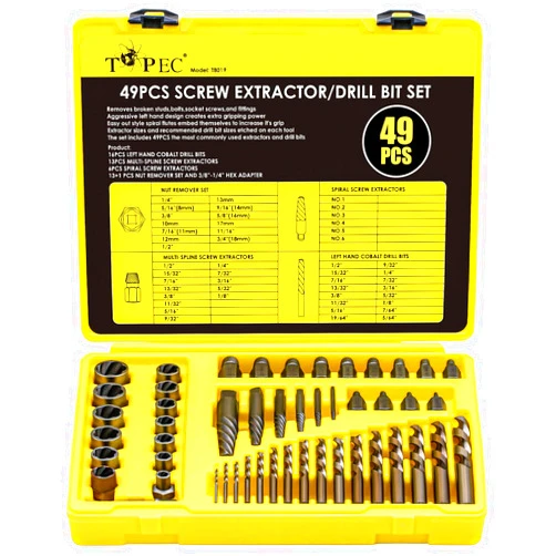 Topec 49pcs Screw Extractor/Drill Bit Set, Professional Remove Set for Removing Broken Studs, Bolts, Socket Screws and Fittings