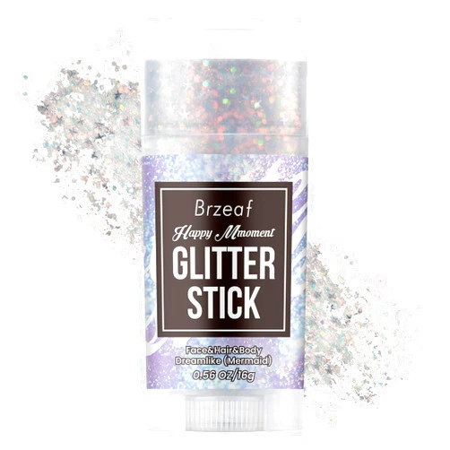 Brzeaf Waterproof Mermaid Glitter Stick, Shimmery& Long Lasting, Hair Eyeshadow Face Body Glitter, Singer Concert Music Rave Festival, Glitter Stick Makeup & Face Glitter Gel for Women Men 0.56 Oz