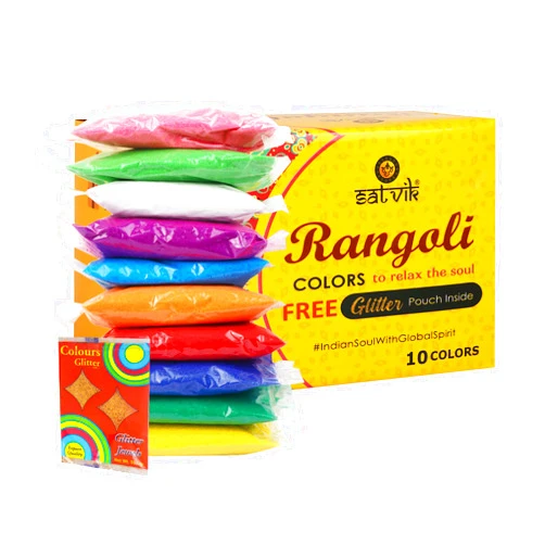 Craftsman SATVIK - Pack of 10 - Shades Rangoli Color Powder Pouch Set with Glitter | Decorative Stone Powder for Art & Home Décor | Easy to Store | No Gulal | Festival Floor Art Kit
