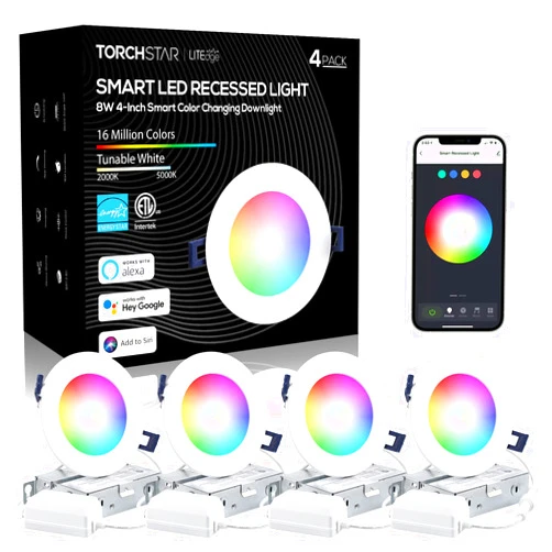 TORCHSTAR Smart Recessed Lighting 4 Inch with J-Box, CRI90+ Color Changing RGBCW Smart Downlight, Aluminum, ETL & ES Listed, Voice Control with Alexa, Google Assistant, Siri, Pack of 4