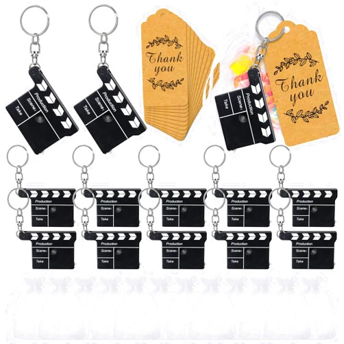 Herdear Movie Night Party Favors Director Clapboard Tape Measure Keychain Thank You Tag Organza Gift Bag for Movie Theatre Party Supplies Wedding Birthday Film Cast Party Decor(24 Sets)
