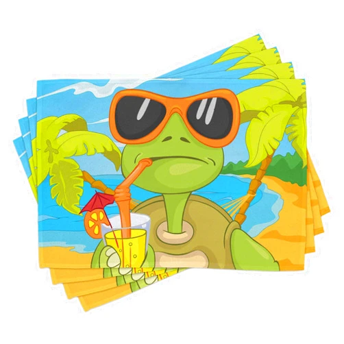 Ambesonne Turtle Place Mats Set of 4, Cool Sea Turtle with Sunglasses Drinking Cocktail at The Beach Cartoon, Washable Fabric Placemats for Dining Room Kitchen Table Decor, Green Orange Pale Blue