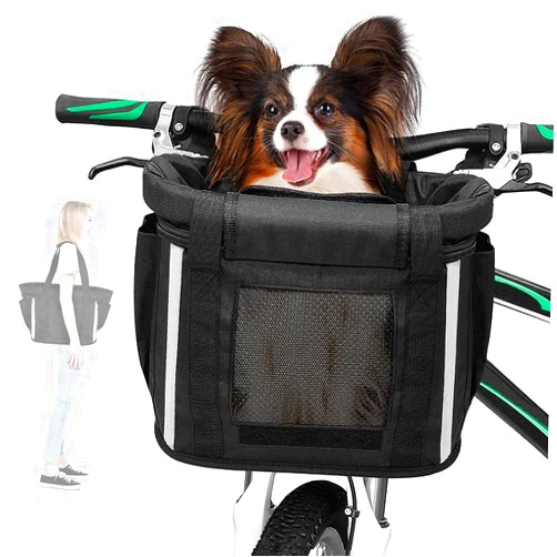 ANZOME Bike Basket, Folding Small Pet Cat Dog Carrier Front Removable Bicycle Handlebar Basket Quick Release Easy Install Detachable Cycling Bag Mountain Picnic Shopping