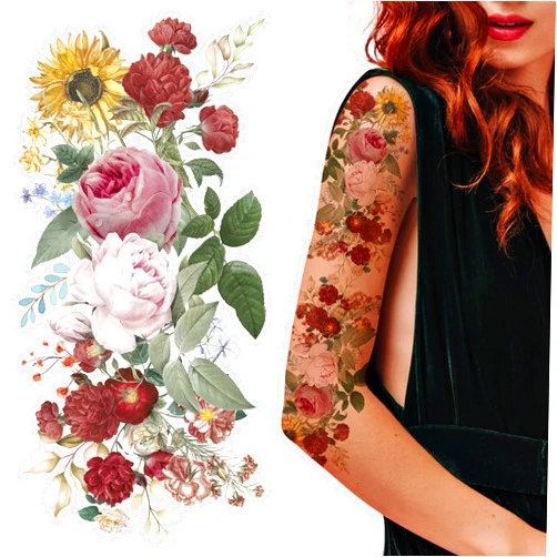 Supperb Temporary Tattoos - Supperb Temporary Tattoos - Hand drawn Colorful Watercolor Roses Bouquet, Vintage Floral Tattoos (Set of 2)