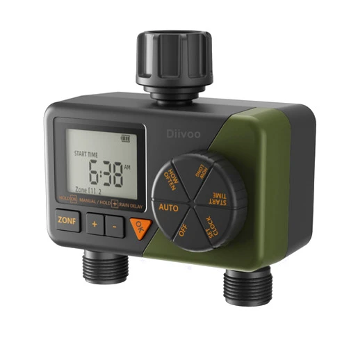 Diivoo Sprinkler Timer 2 Zone, Programmable Water Hose Timer 2 Outlet for Garden, Automatic Irrigation Timer IP54 with Rain Delay/Manual/Auto Mode, Outdoor Hose Timer Controller for Lawn Dark Green