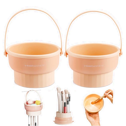 GOLIKEE 2 Pack Makeup Brush Cleaner Mat 3 in 1 Silicone Makeup Brush Cleaning Bowl Makeup Brush Sponge Scrubber Tool for Cleaning, Storage and Upside Down Drying, （Two Khaki）