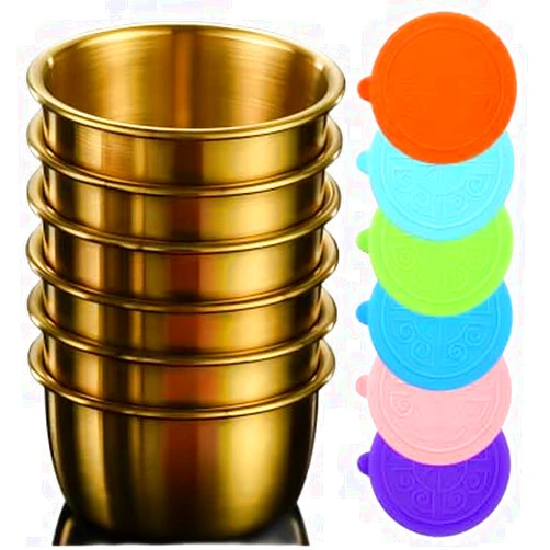 GorinsKani 6pcs Sauce Cup with Lid Mini Dessert Cups Metal Sauce Dish Dipping Bowls Sushi Dipping Saucers Salad Dressing Container Vinegar Dish Spices Stainless Steel Household (Gold 50ml)