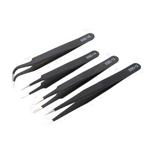 AKOAK 4 Pcs ESD Tweezers Set Anti-Static Tweezers Stainless Steel Tweezers for Eyelash Extension,Electronics, Jewelry-making - Straight and Curved Tip Tweezers - Black