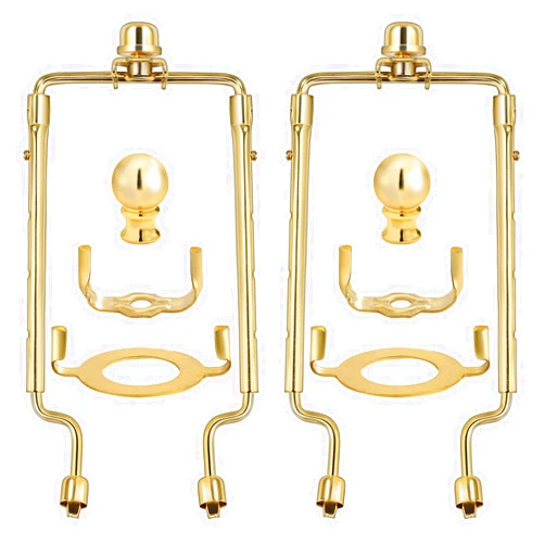 EMNOOTI 7 8 9 10 inch Lamp Shade Harp Holder,Adjustable Lamp Harp Kit,Fit Both Standard Lamp Rod and E26 Light Base UNO Fitter Adapter,with 2 Shade Attaching Finial Top (Golden Color - 2 Set)