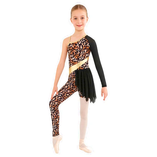 Yartina Kids Girls Leopard Print Gymnastics Leotard One Shoulder One Legging Latin Jumpsuit Tutu Skirt