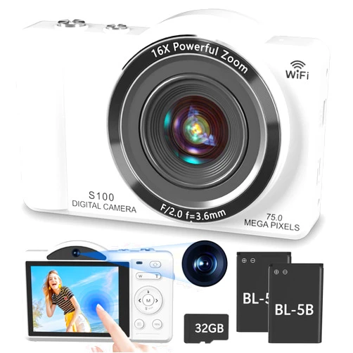Gavonde Digital Camera for Photography - WiFi 4K 75MP Vlogging Cameras for YouTube, Touchscreen Autofocus Point and Shoot Digital Camera for Teens Adult Beginner with 16X Zoom, 32GB Card, 2 Batteries(White)