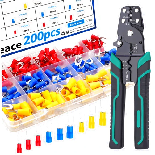 smseace 201pcs Crimping Tool with 12-Sizes(M3/M4/M5/M6) Fork Spade Connectors 22-10AWG Wire Fork Connectors U-Type Fork Cnnectors Terminal Crimp/Stripping/Cutting Multifunction Wire Crimping Tool