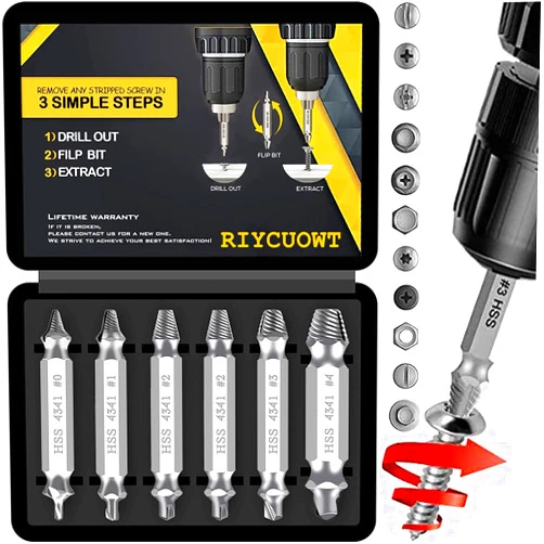 RIYCUOWT Gifts for Men, 6Pcs Titanium Damaged Screw Extractor Set - Remover for Stripped Head Screws Nuts & Bolts Drill Bit Tools for Easy Removal of Rusty & Broken Hardware High Speed Steel Superb Gift