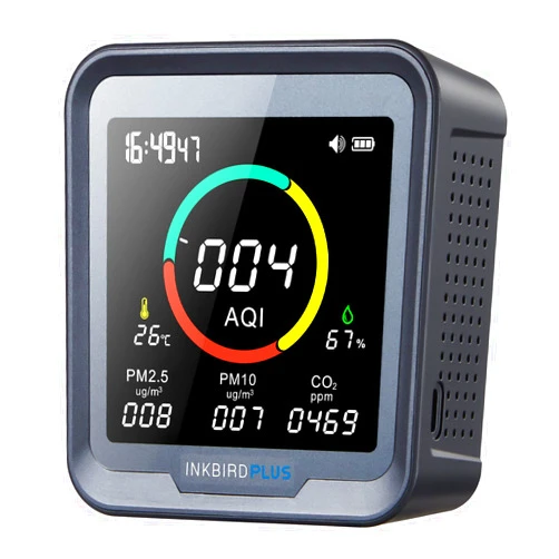 INKBIRDPLUS 6-in-1 Indoor Air Quality Monitor, Detects CO2, PM2.5, PM10, AQI, Temperature and Humidity with Alarm, for Rooms, Cellars, Grow Tents, Offices, etc. (PTH-9A)