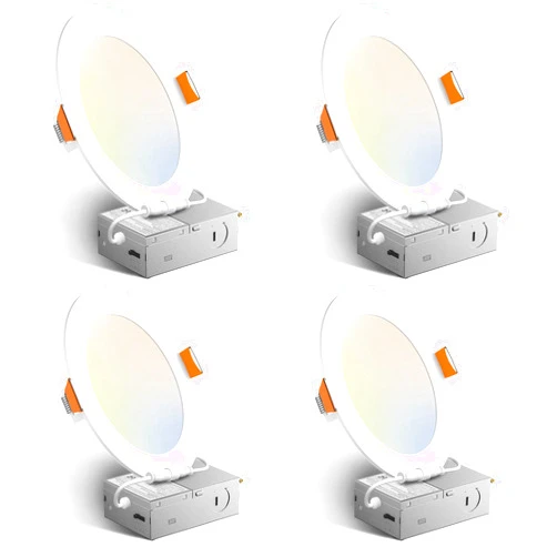 Amico 4 Pack 6 Inch 5CCT Ultra-Thin LED Recessed Ceiling Light with Junction Box, 2700K/3000K/3500K/4000K/5000K Selectable, 12W Eqv 110W 1050LM Brightness Dimmable Canless Wafer Downlight, ETL & FCC
