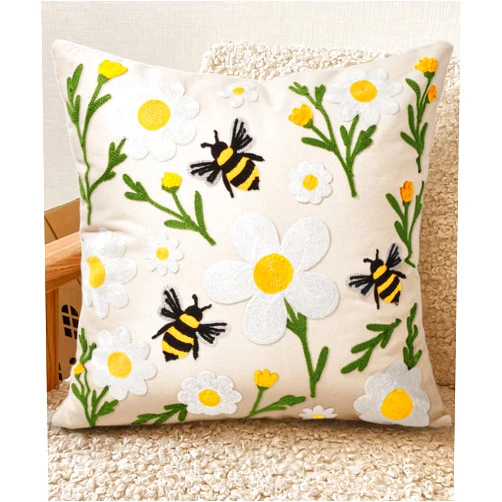 Kokaaee Embroidered Throw Pillow Covers 18x18 Inch - Summer Boho Decorative Pillow Cover with Zipper for Living Room Couch Sofa Bed Aesthetic Design Flower Bee Linen Cushion Pillowcase