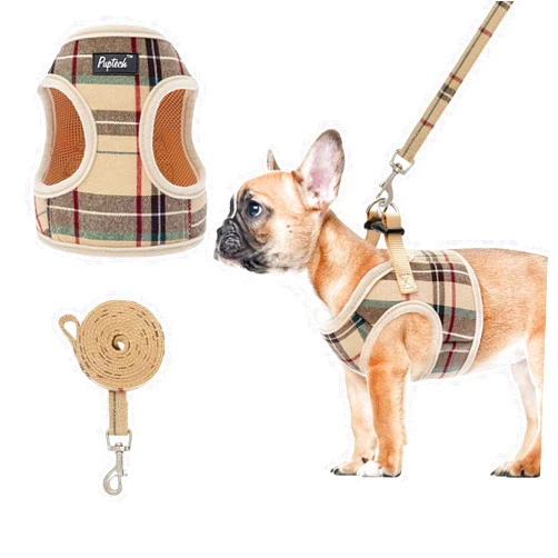 PUPTECK Soft Mesh Dog Harness and Leash Set Step-in Plaid Puppy Padded No Pull Vest Harness for XS Small Medium Sized Dogs Cats Outdoor Walking, Beige S