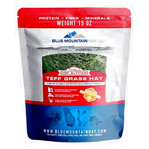 Blue Mountain Hay | 40 oz. Fresh Teff Grass Hay | Available in 15 oz. & 40 oz. Pouches | Nutritious, Delicious Meal Or Snack for Rabbits, Guinea Pigs, Hamsters, Gerbils, and Other Small Pets