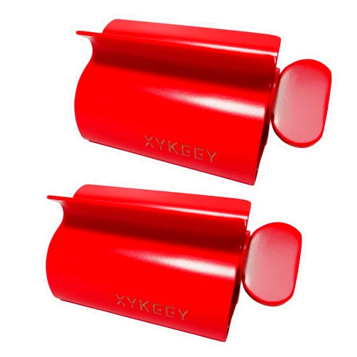 XYKEEY Toothpaste Tube Squeezer - Set of 2 Toothpaste Squeezer Rollers, Metal Toothpaste Tube Wringer Seat Holder Stand (Red)
