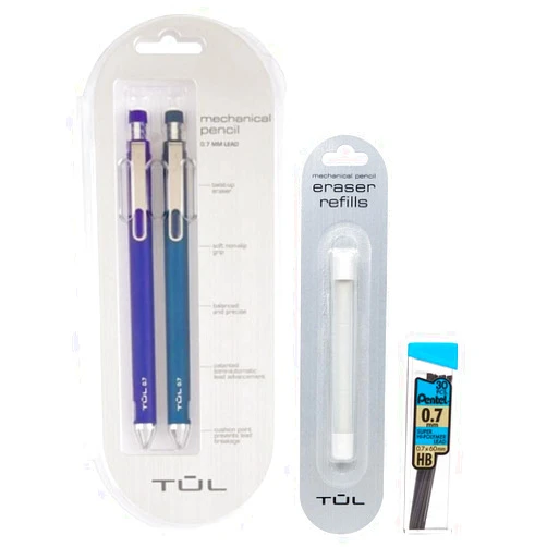 TUL 0.7mm Blue Mechanical Pencils, Eraser Refills & Lead Refills Bundle