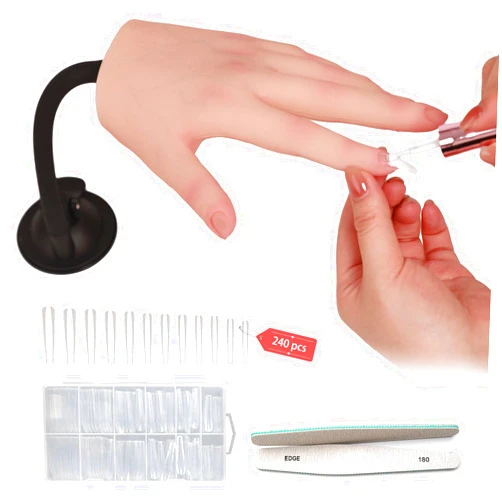 MOTLEYBEAN Silicone Practice Hand for Acrylic Nails with Stand Bracket Flexible Movable Bendable Manicure Practice Tool For Nail Art Training DIY Nails (Right hand-with make up, Nude)