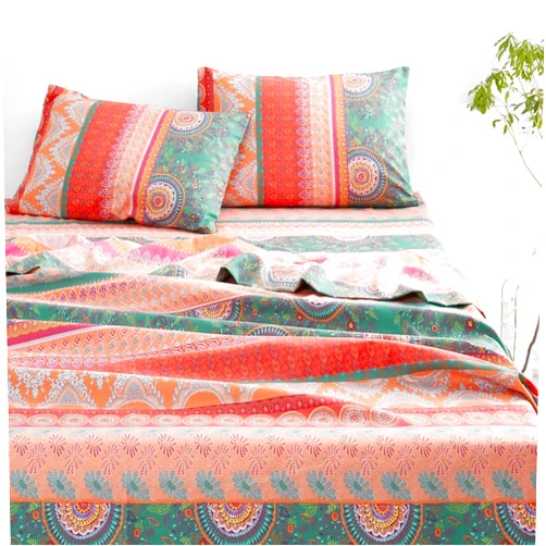 Wake In Cloud - Boho Bed Sheets, 4-Piece Sheet Set, Bohemian Chic Mandala Medallion Colorful Hippie Aesthetic Bedding, Deep Pocket, Orange Green, Queen Size