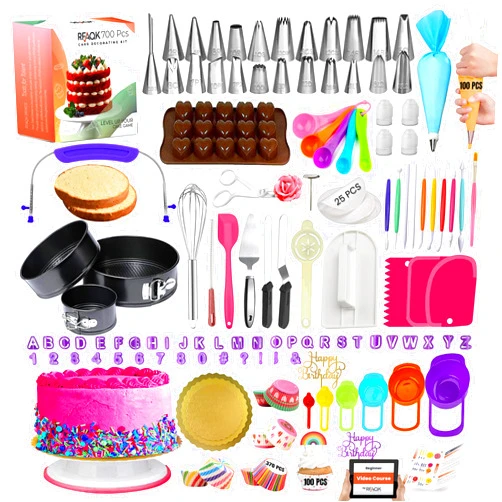 RFAQK 700PCs Cake Decorating Kit with Baking Supplies- Cake Turntable for Decorating with Baking Pans, Leveler, 24 Numbered Piping Tips, 2 Spatulas, Fondant Tools, Video Course, Pattern Chart & More