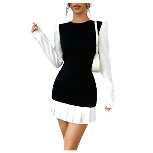 MakeMeChic Women's Crew Neck Puff Sleeve Mini Dress Color Block Pleated Short Dresses