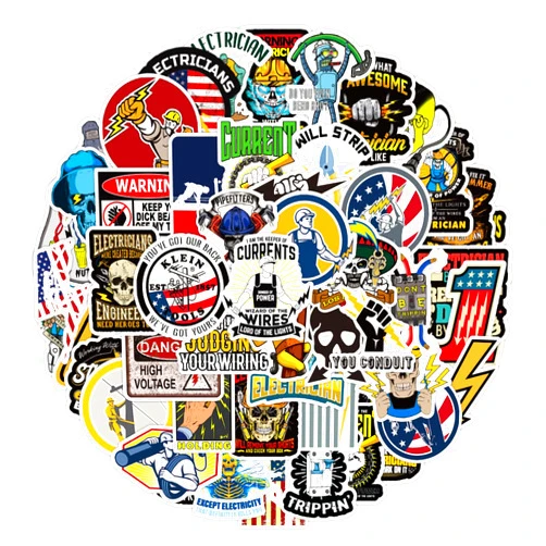 FUNSTERSIN 50pcs Electrician Stickers for Hard Hats, Funny Cool Waterproof Vinyl Decals for Helmet Tool Box Truck Vehicles Laptop Notebook Skateboard Motorcycle Bike Water Bottles