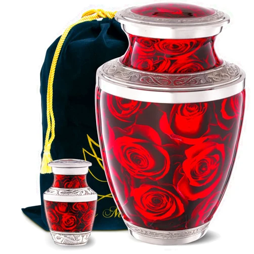 Olivia Memorials Large Red Urn with Roses - with ONE Individually Boxed Keepsake