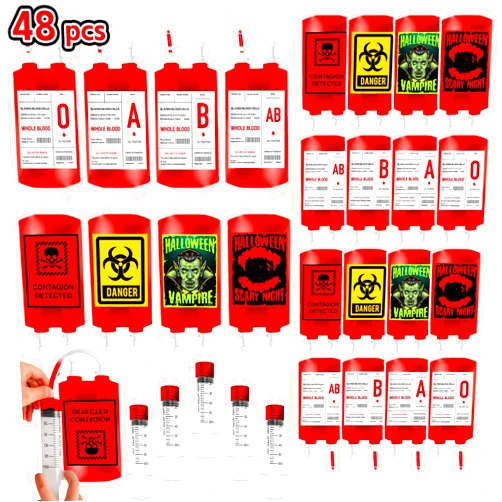 Garma 48 Pack Halloween Blood Bags for Drinks, 8 Design IV Bag for Drinks Reusable Drink Pouches Containers Jello shot Syringes and Clips Pouch Prop for Vampire Zombie Hospital Theme Party Supplies