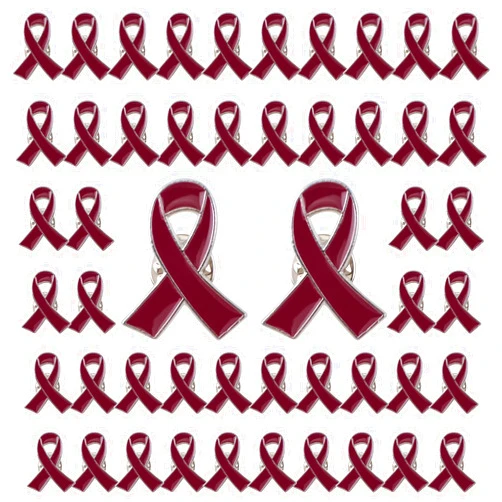WANDIC 50PCS Burgundy Multiple Myeloma Awareness Ribbon Pins, Silver Back Sickle Cell Anemia Awareness Ribbon Brooche for Charitable Fundraising,2.5cm*2cm